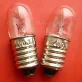 Two 24V 0.11A E10 miniature lamps with clear glass bulbs and metal screw bases on red background